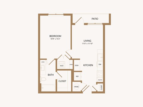 Floor plan for 1 bed, 1 bath, 596 sqft